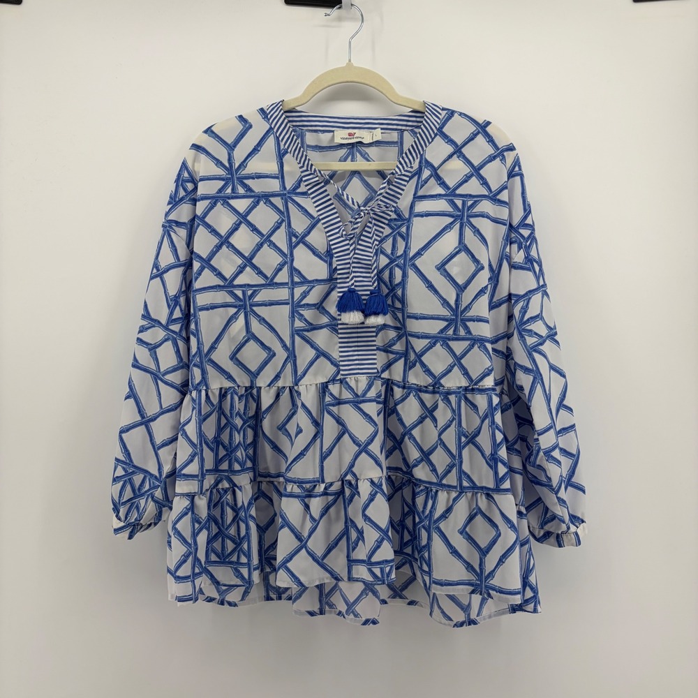 Vineyard Vines Womens L Blue Bamboo Trellis Tiered Peplum Tassel Blouse
